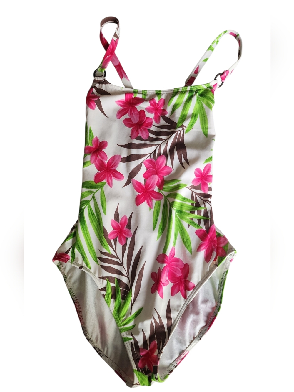 Women’s Tropical Floral One-Piece Swimsuit in Pink & Green SZ 8 Medium